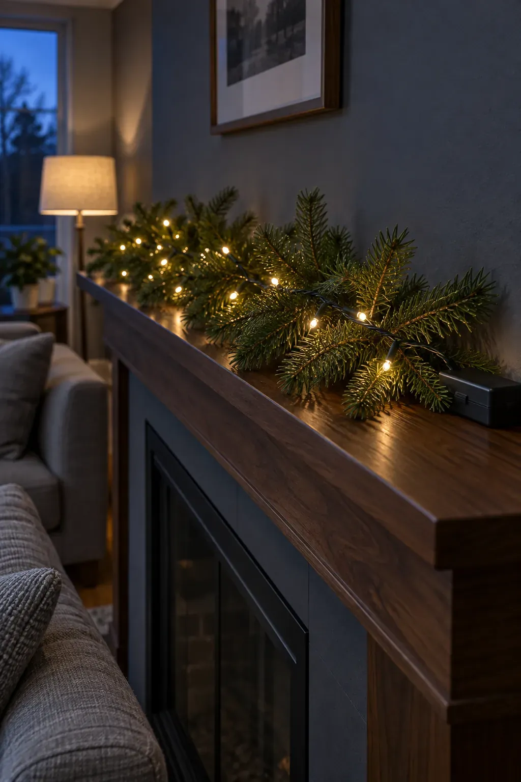 Hide the light wire within the stems for a Christmas mantel garland