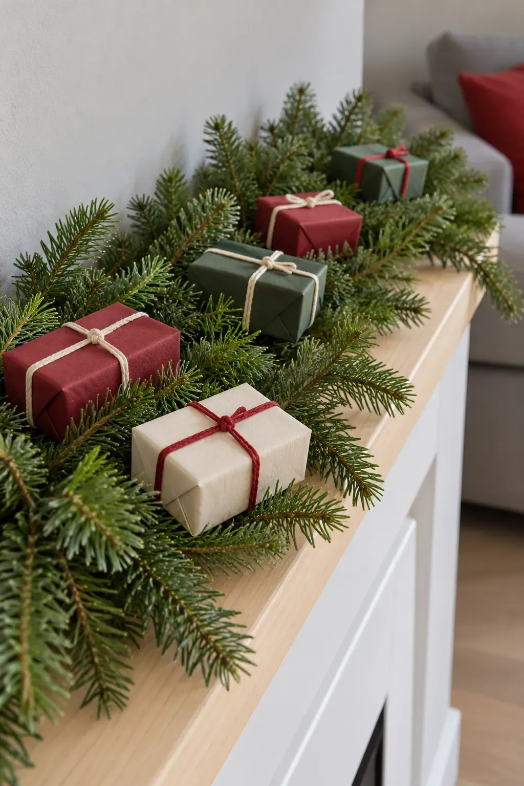 Nest tiny wrapped boxes into supported areas for a Christmas mantel garland