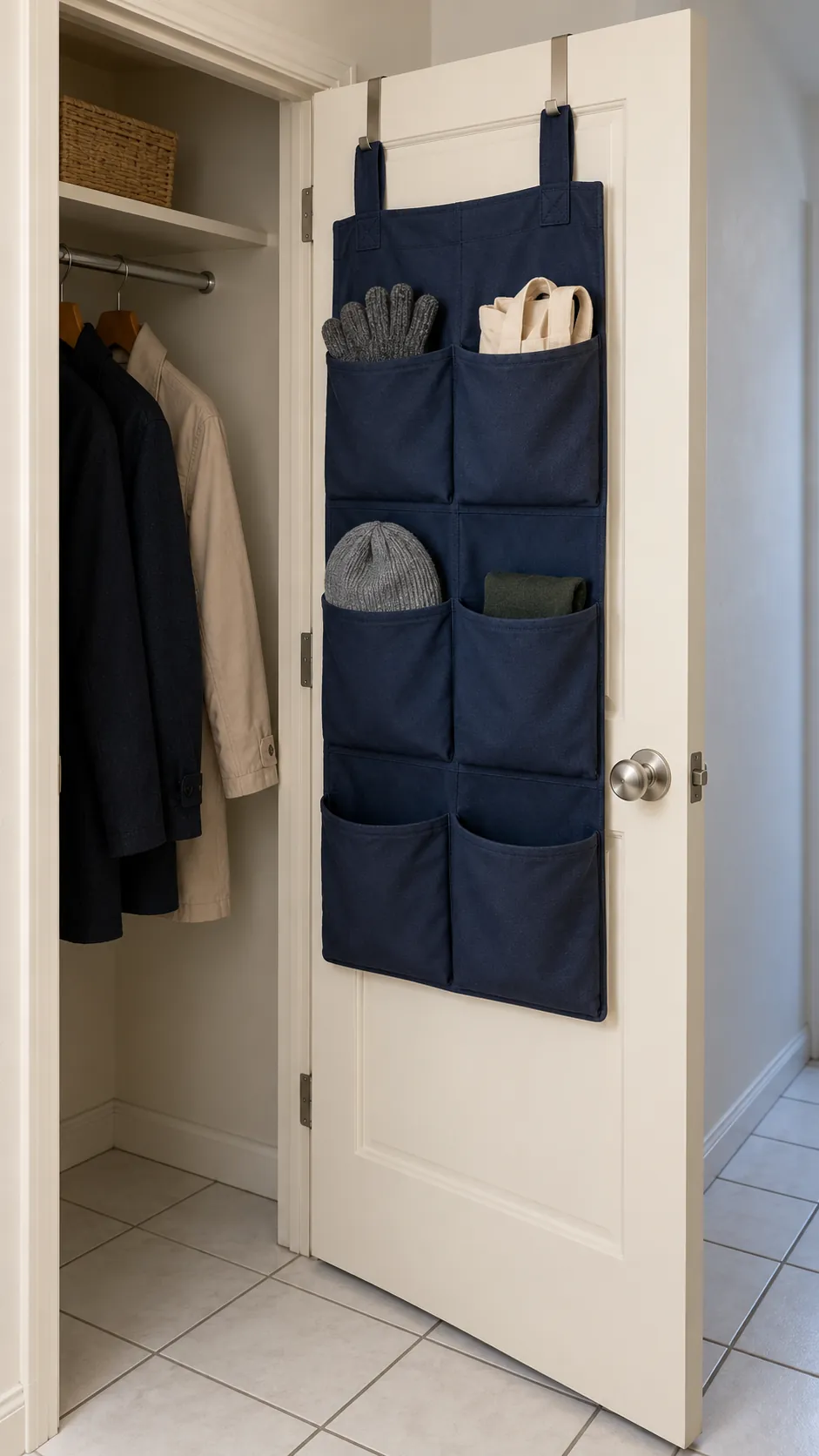 Fabric pockets holding small accessories on the inside of a closet door