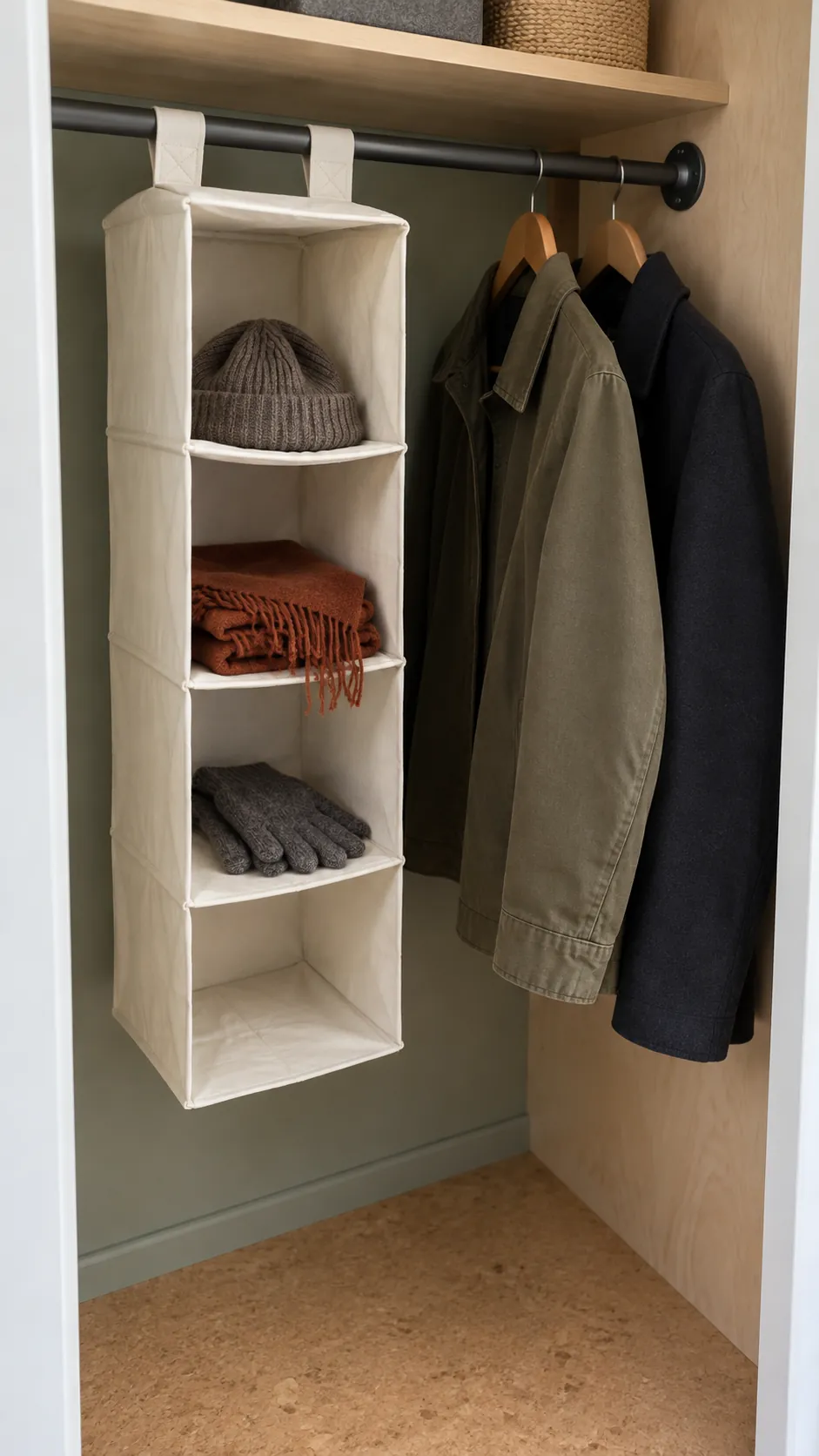 Narrow hanging cubbies for hats and scarves on an existing closet rail