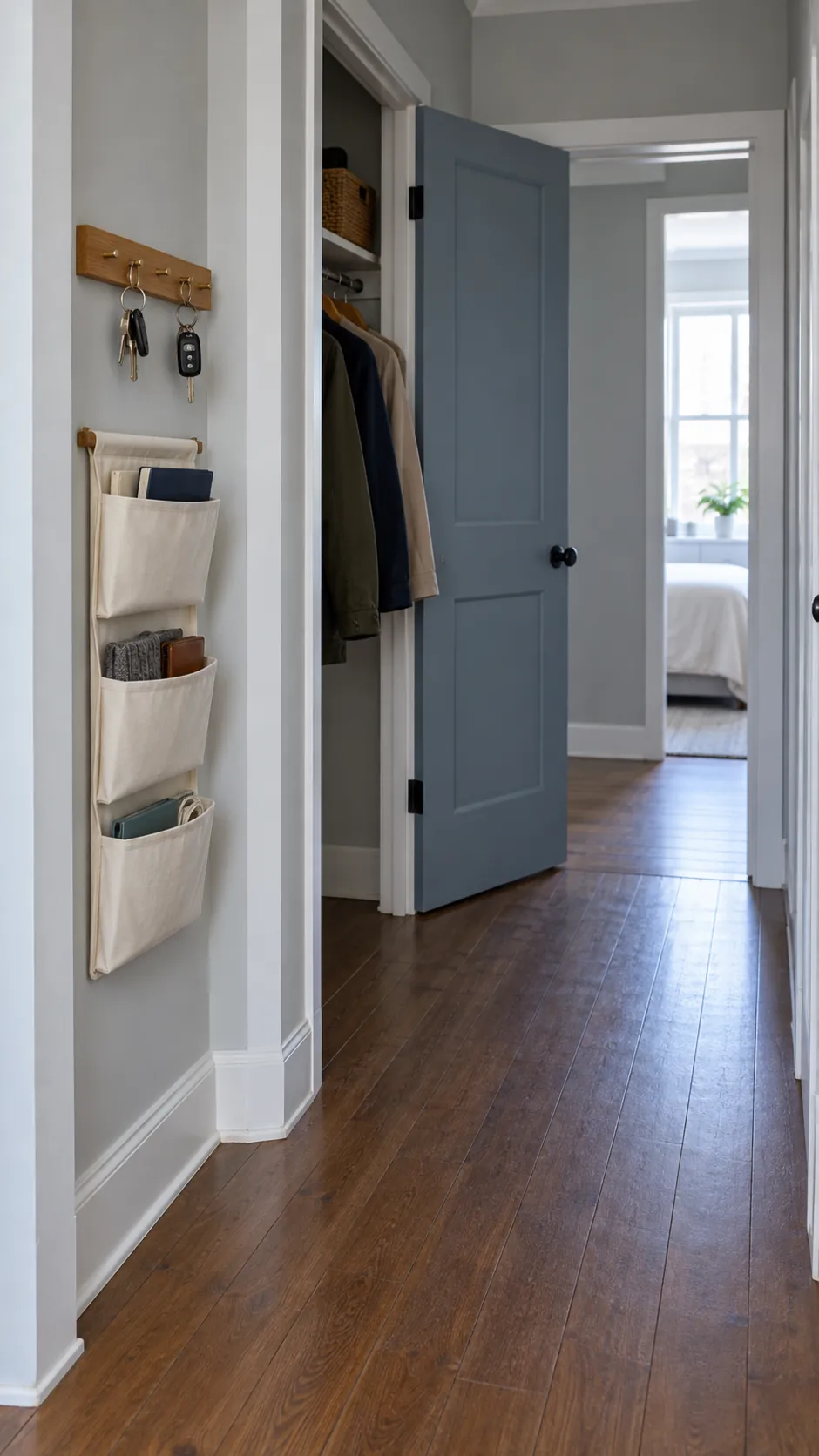 Clear rental hallway with shallow storage in an existing wall recess