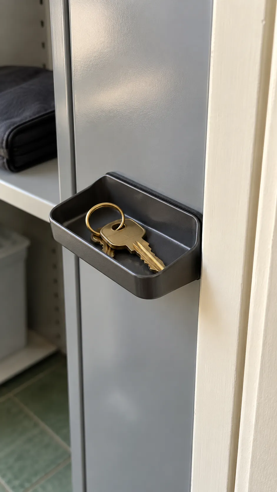 Small magnetic key tray attached to a steel closet side panel