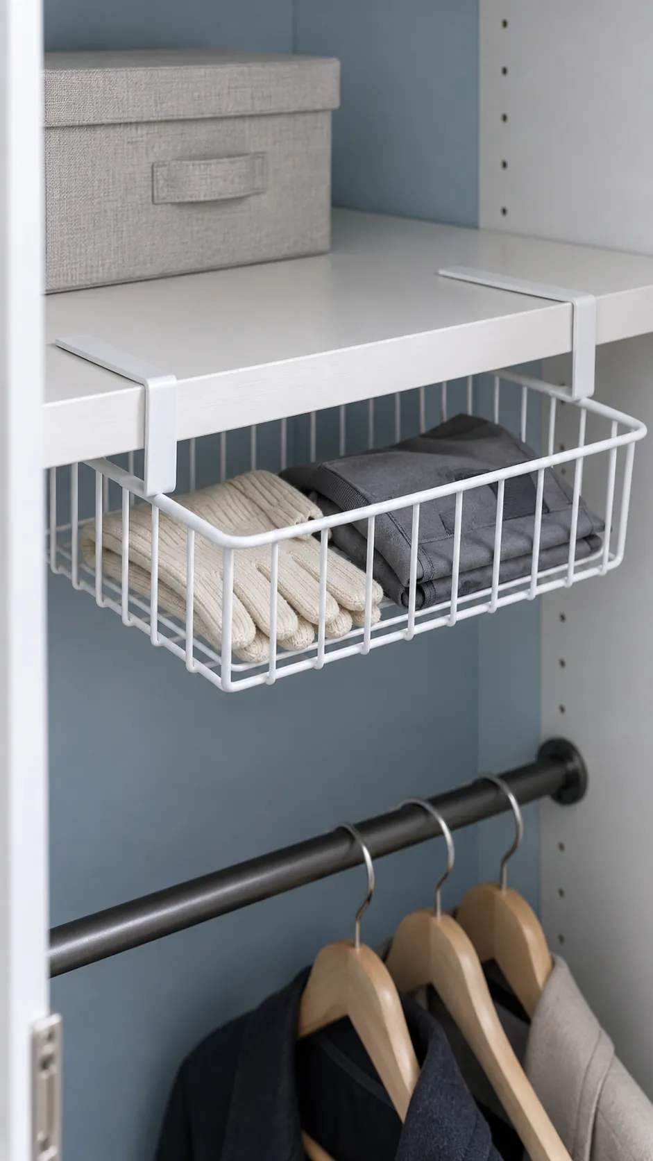 Wire accessory basket clipped beneath a sturdy closet shelf