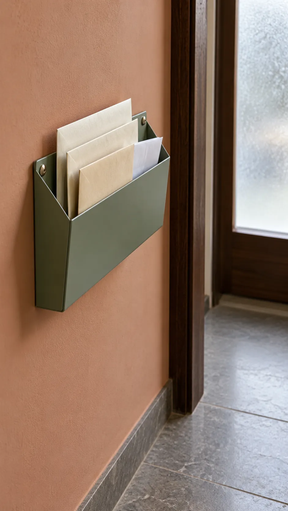 Shallow metal wall pocket holding a few envelopes near an entrance