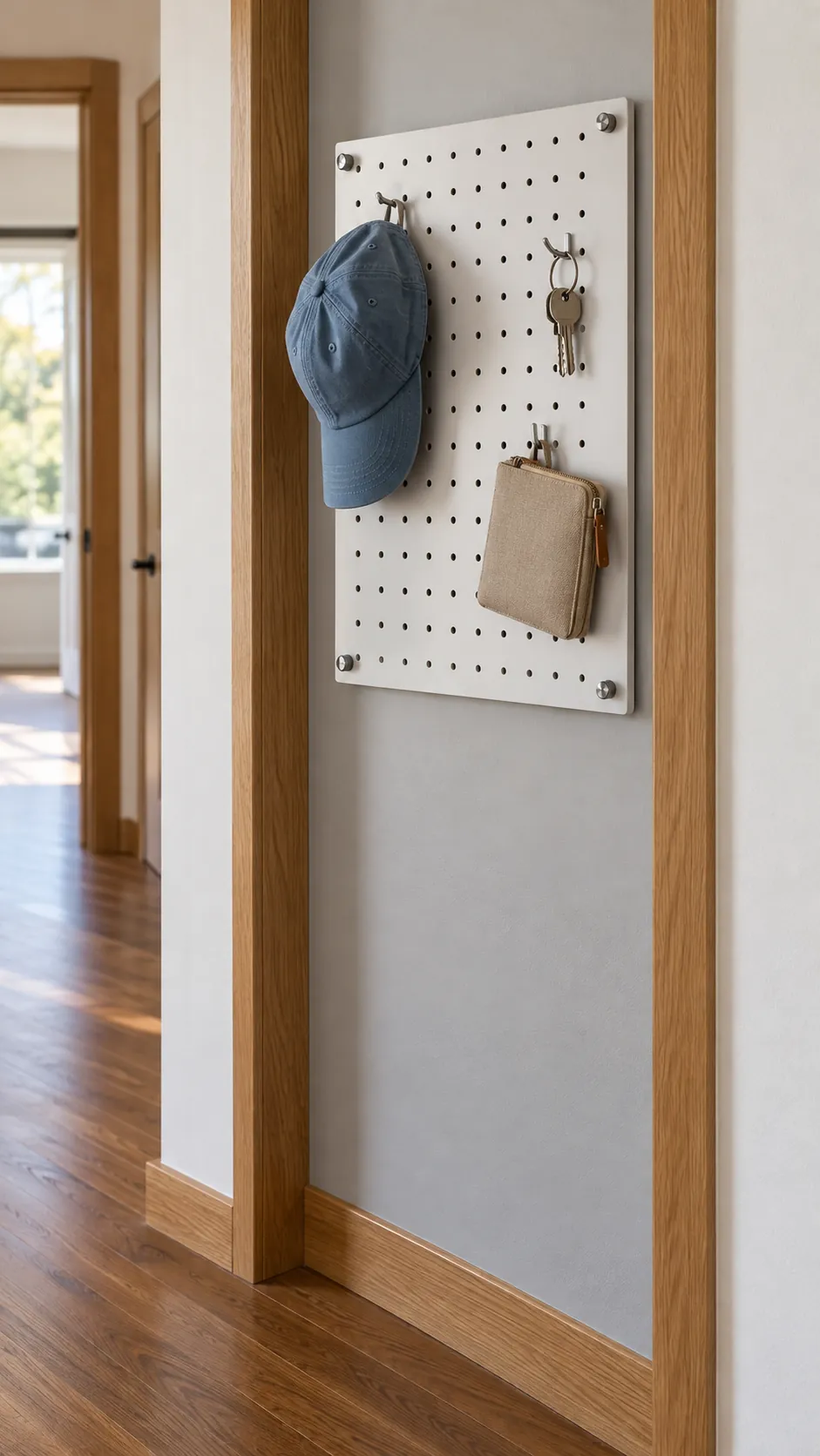 Small pegboard holding a cap and light pouch within a hallway recess