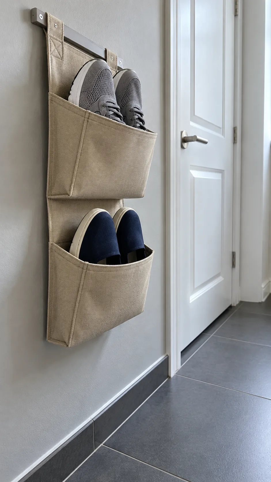 Shallow wall mounted shoe pockets holding two everyday pairs