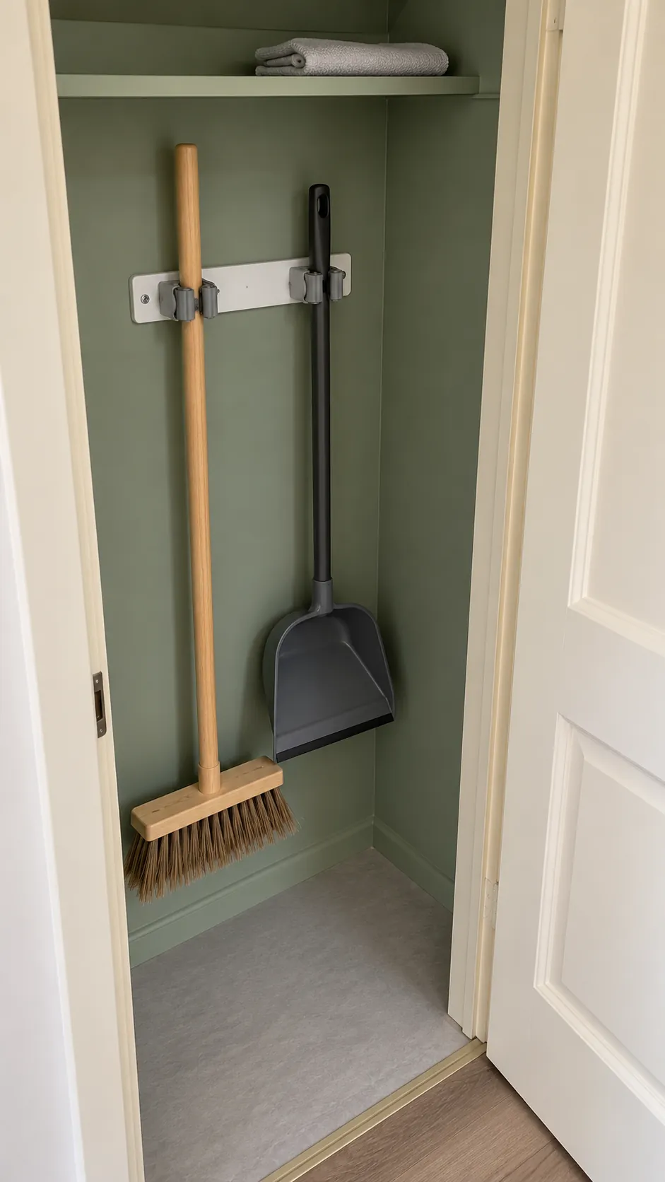Broom and dustpan secured in grips inside a hall cupboard