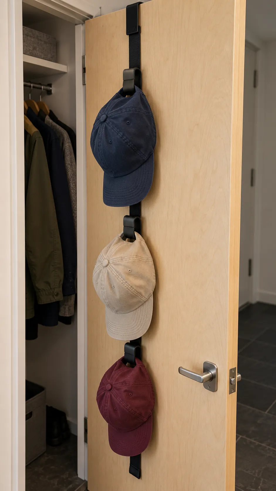 Light caps arranged on a slim organizer behind a closet door