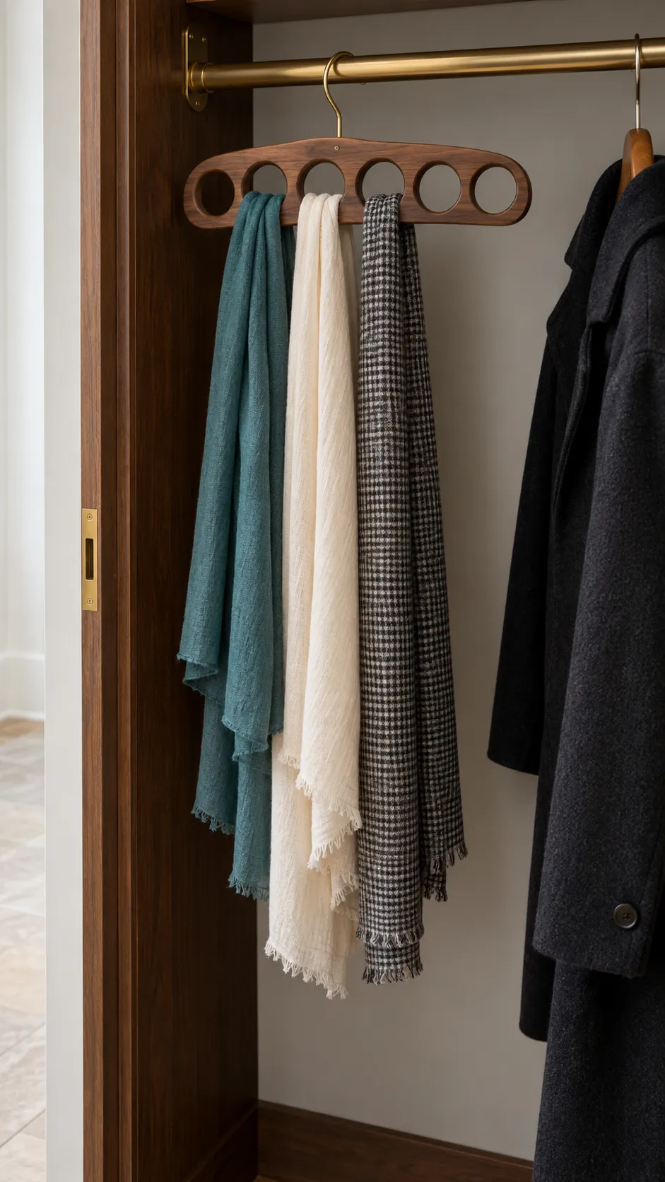 Scarves threaded through a compact hanger in an entry closet