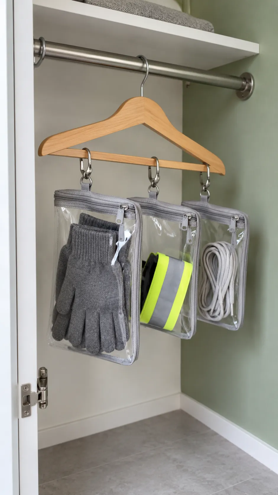 Clear zip pouches holding gloves and small accessories inside a closet