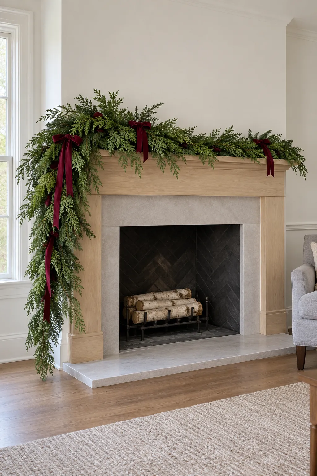 Asymmetrical evergreen mantel garland with one long side