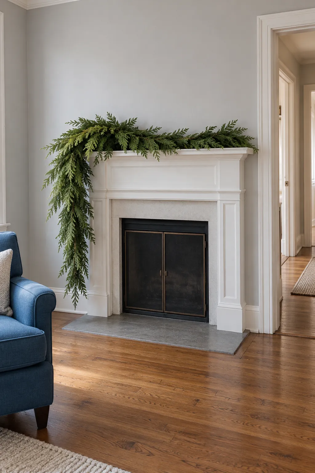 Choose the long side from the room when arranging asymmetrical mantel greenery