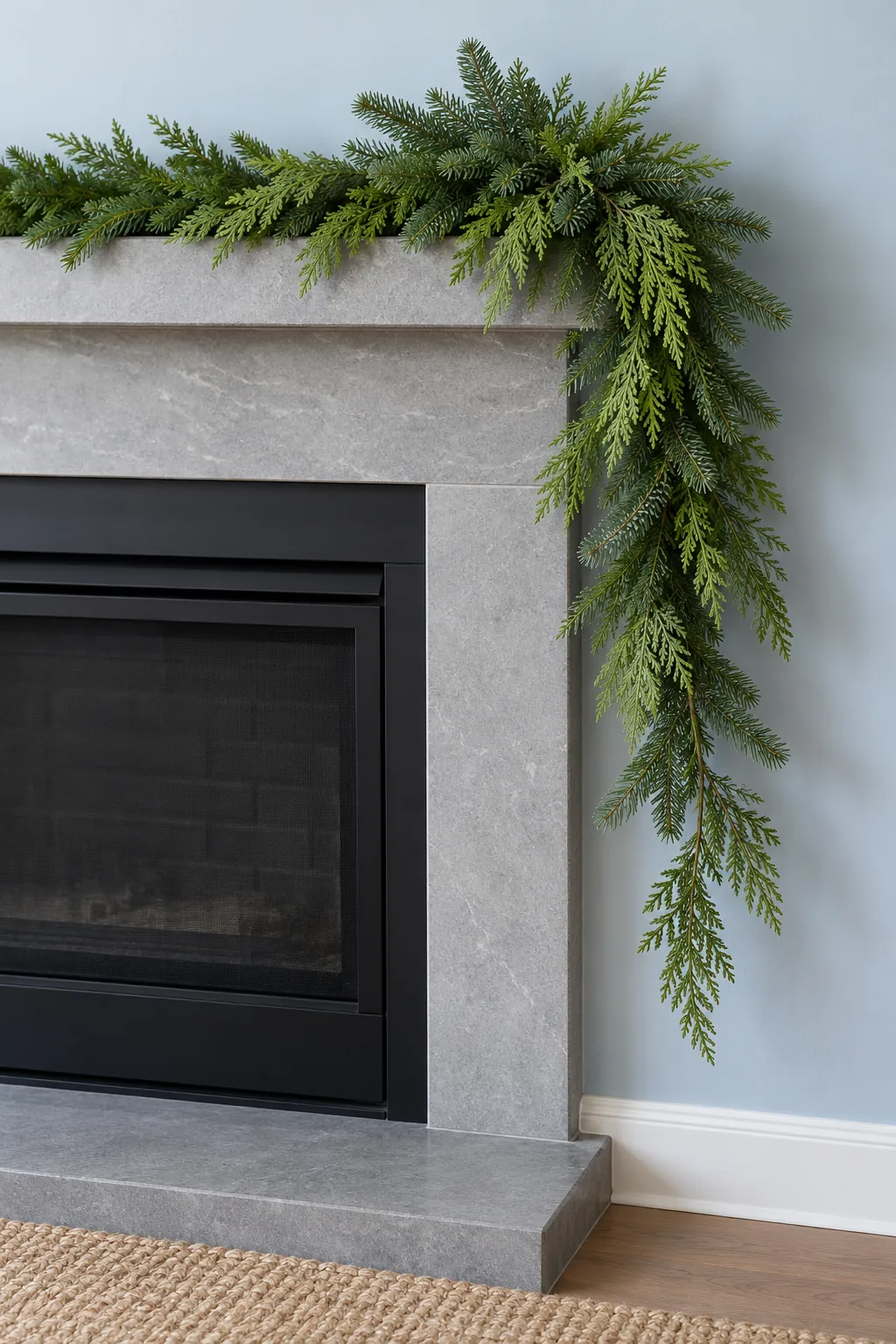Build the silhouette before adding ornaments when arranging asymmetrical mantel greenery