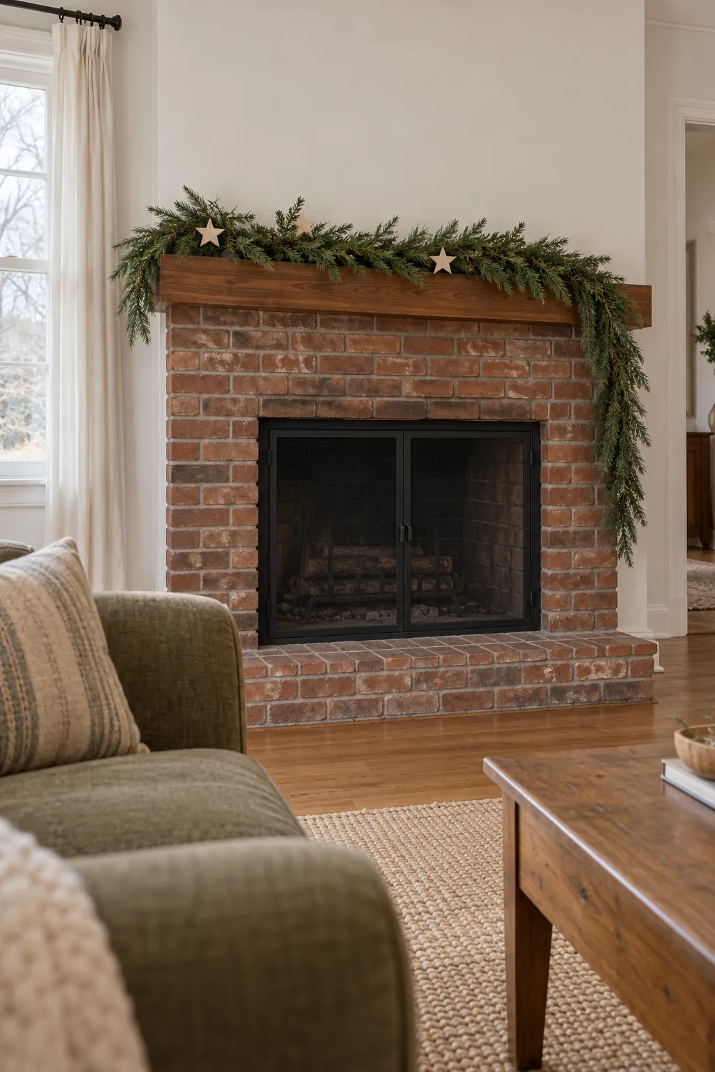 Check the display from more than one position when arranging asymmetrical mantel greenery