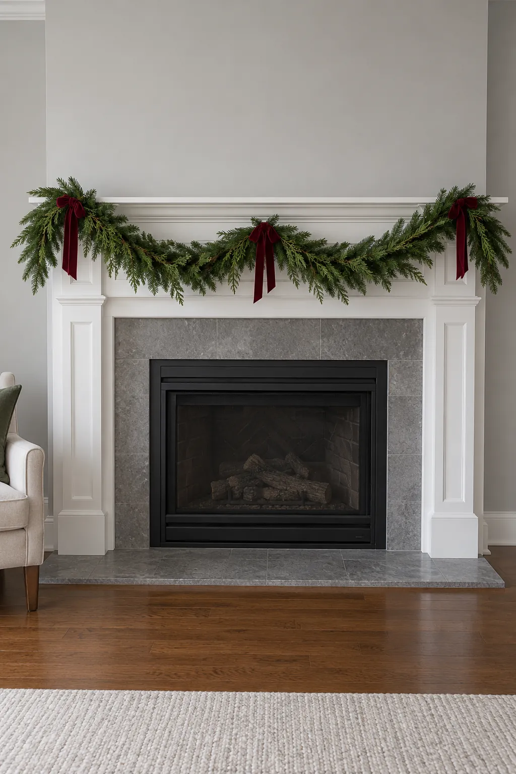 Supported evergreen garland on a white mantel