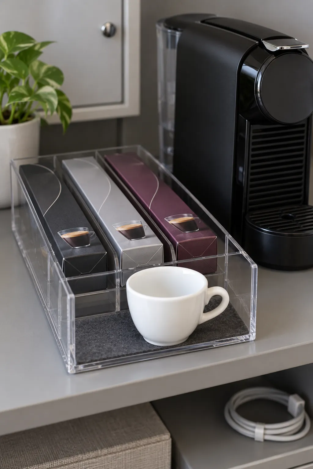 A capsule basket for the exact machine with packaged coffee and useful accessories