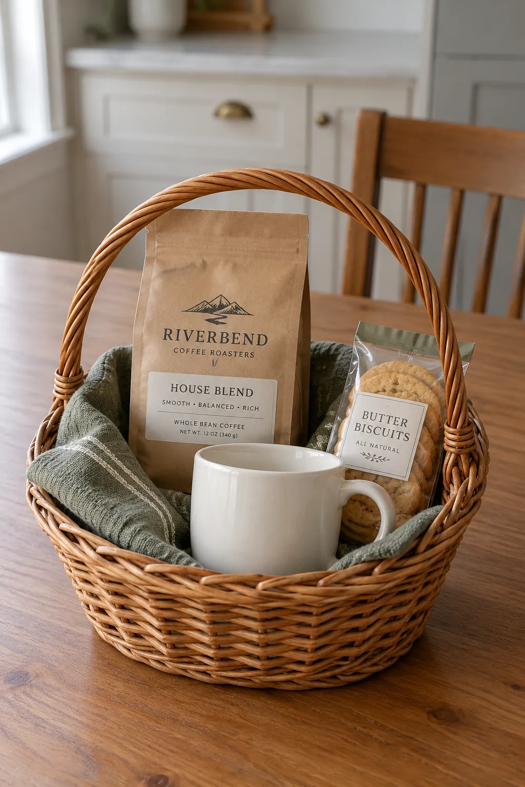 Coffee gift basket with a sealed coffee pouch, mug, and biscuit packet