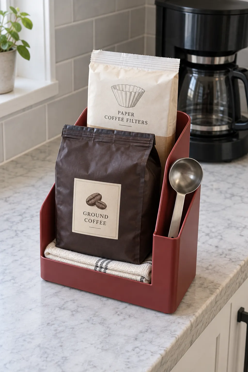 A ground coffee basket matched to the brewer with packaged coffee and useful accessories