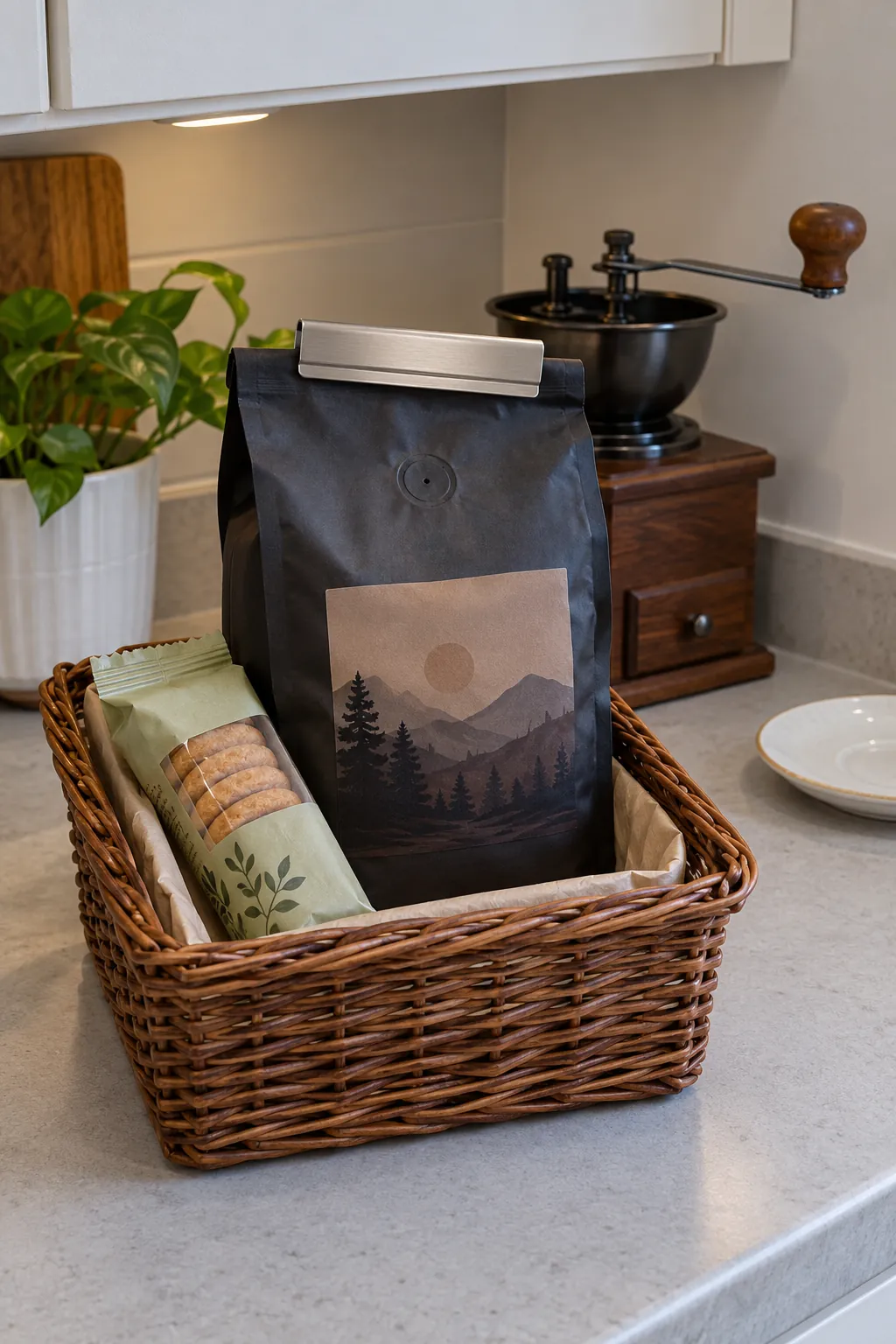 A whole bean basket for a grinder owner with packaged coffee and useful accessories