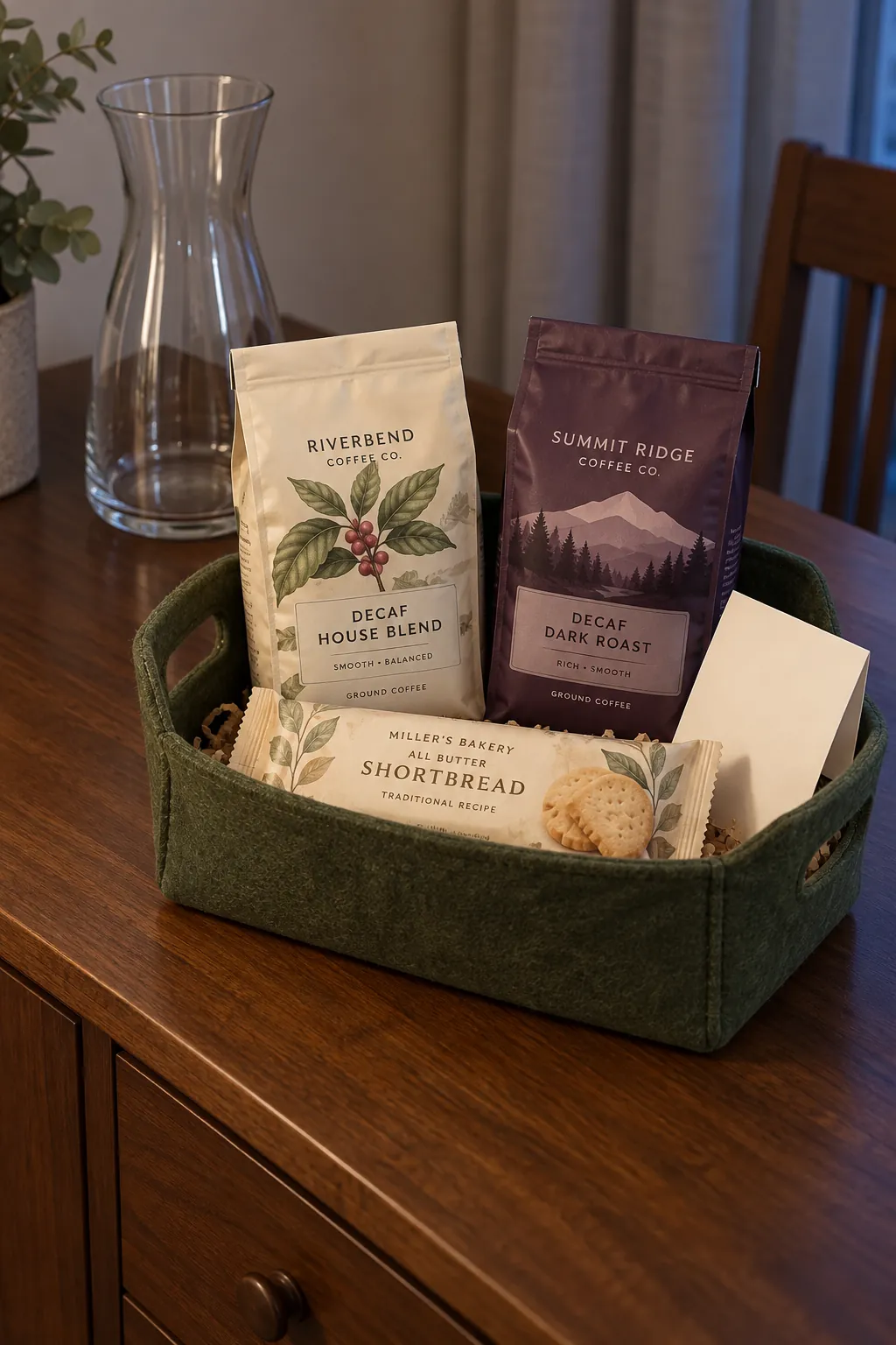 A decaf basket with real choice with packaged coffee and useful accessories