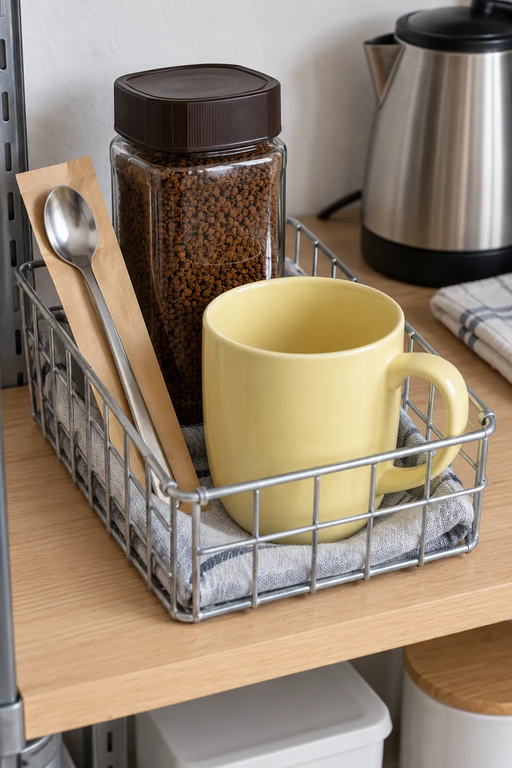 An instant coffee basket for simple mornings with packaged coffee and useful accessories