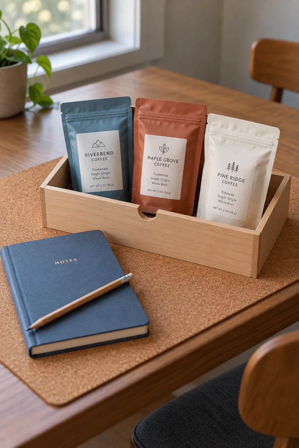 A small coffee discovery basket with packaged coffee and useful accessories