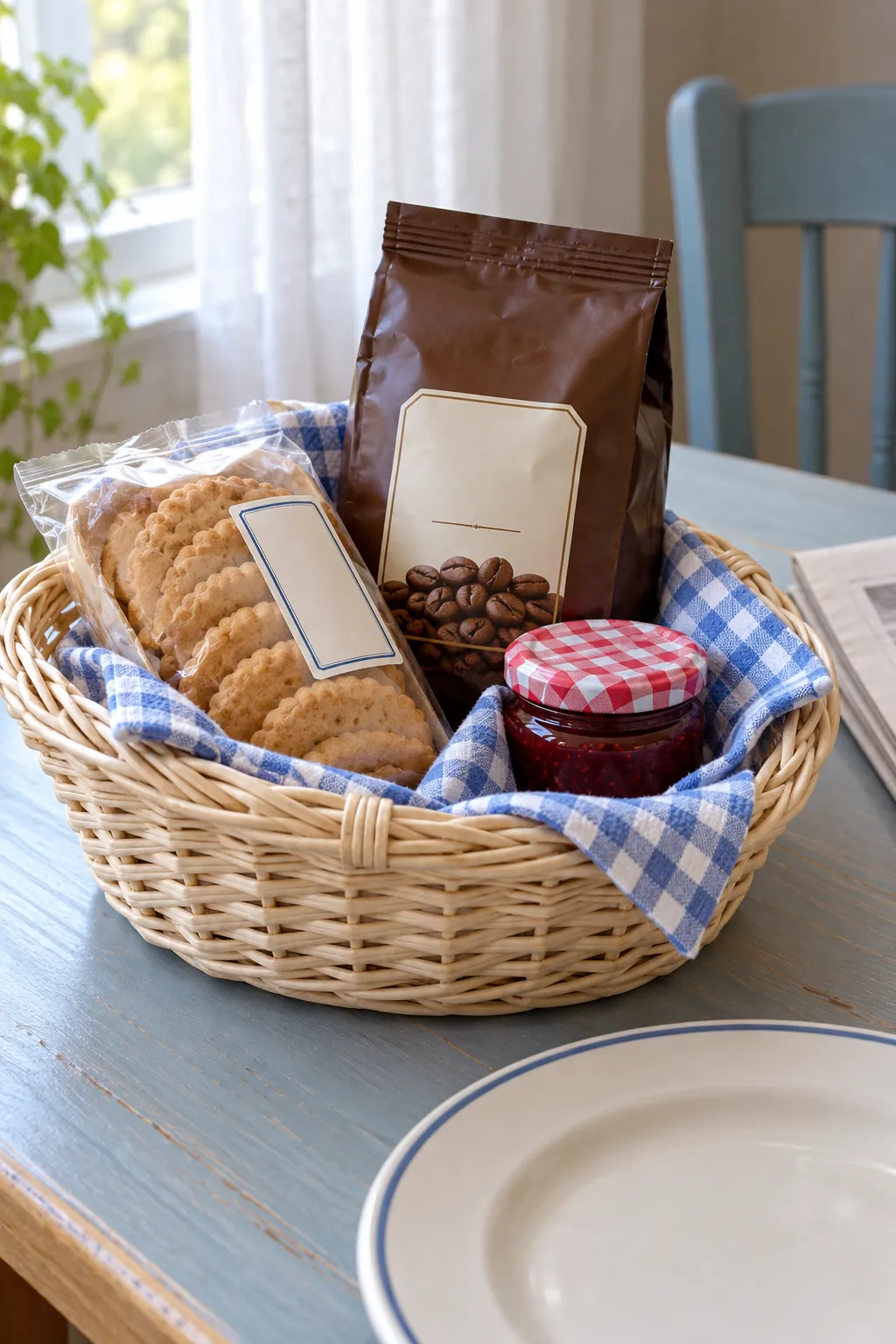 A weekend breakfast coffee basket with packaged coffee and useful accessories