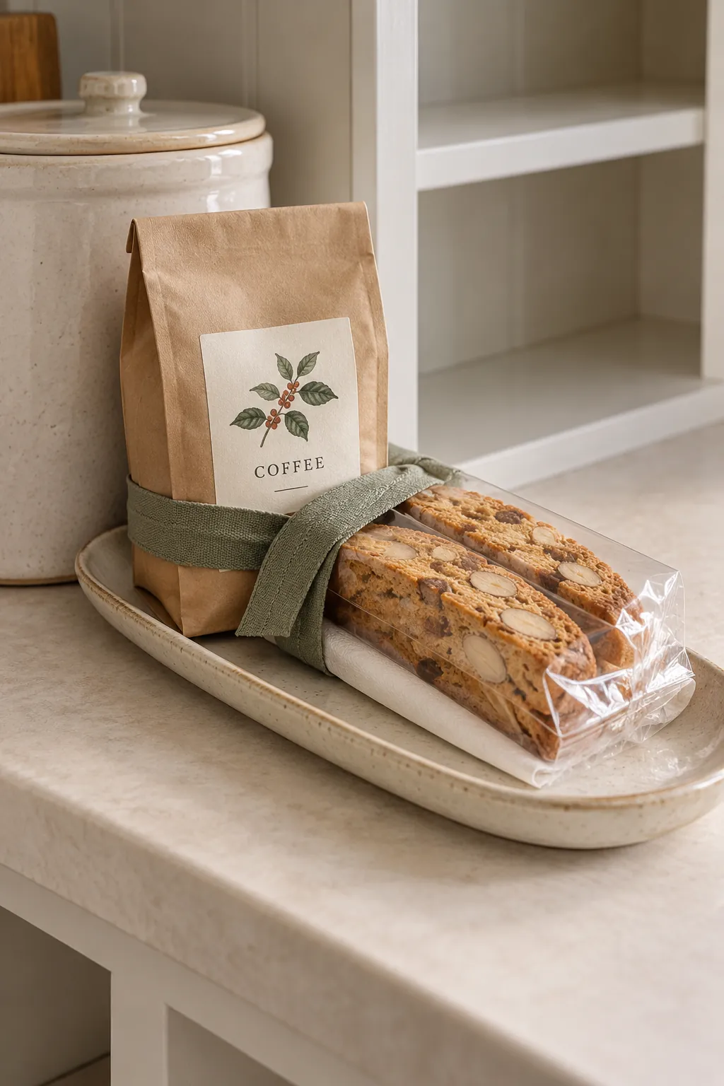 A coffee and biscotti gift with packaged coffee and useful accessories
