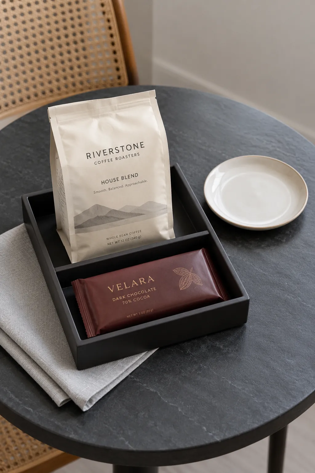 A coffee and chocolate tasting pair with packaged coffee and useful accessories