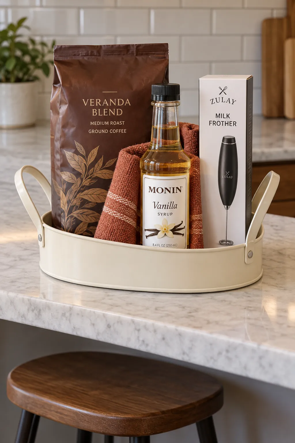 A latte flavor basket with packaged coffee and useful accessories