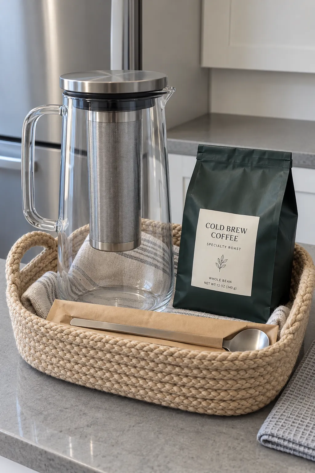 A cold brew preparation basket with packaged coffee and useful accessories