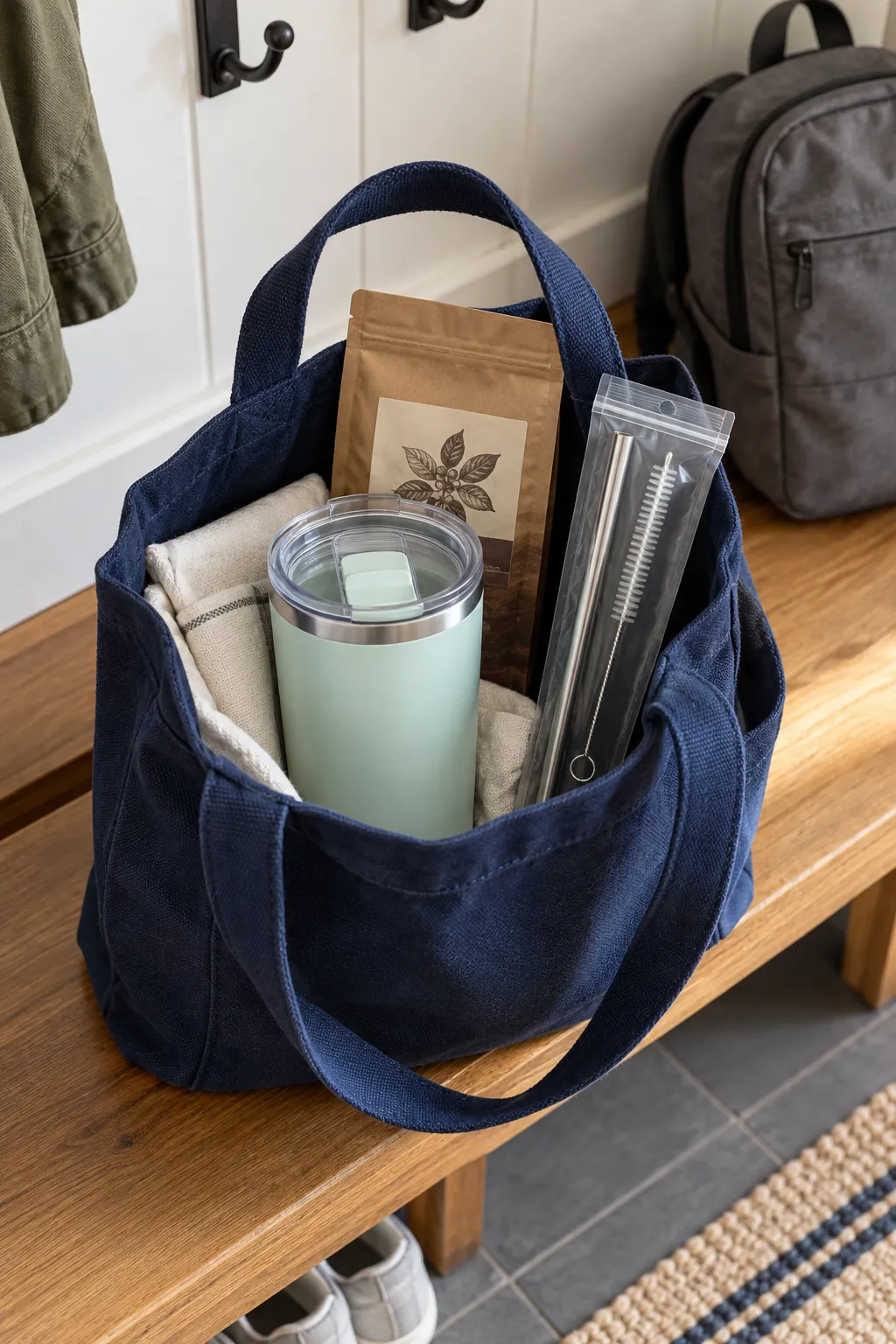 An iced coffee tumbler basket with packaged coffee and useful accessories