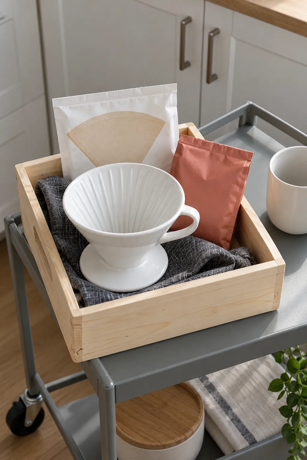 A pour over starter basket with packaged coffee and useful accessories