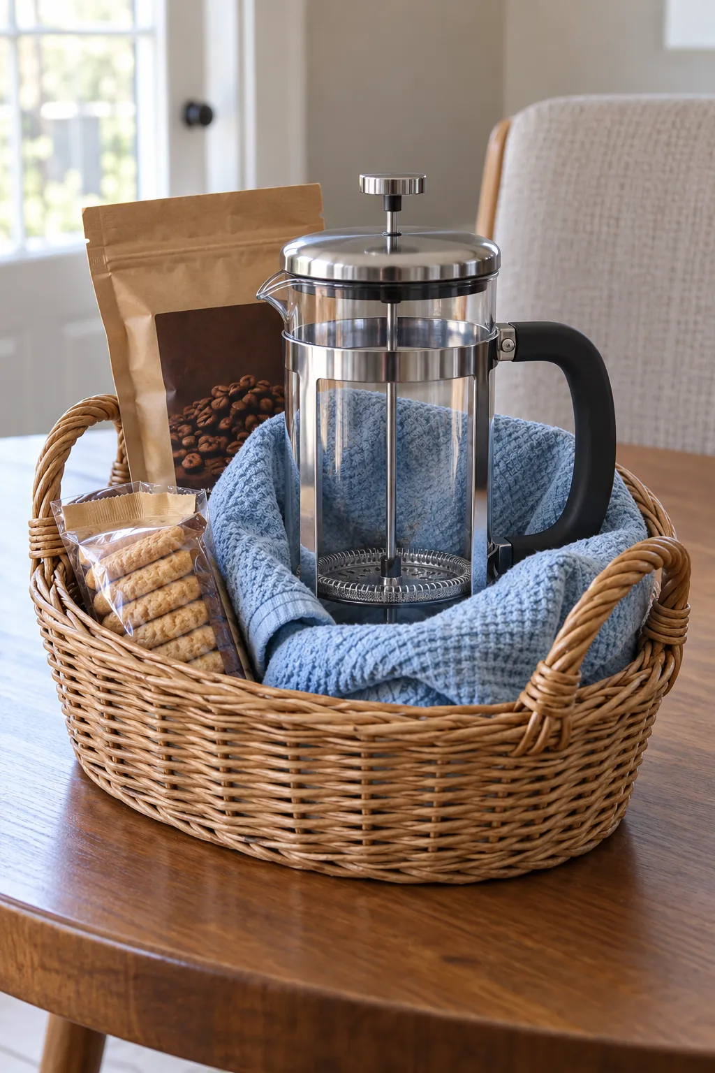 A French press morning basket with packaged coffee and useful accessories
