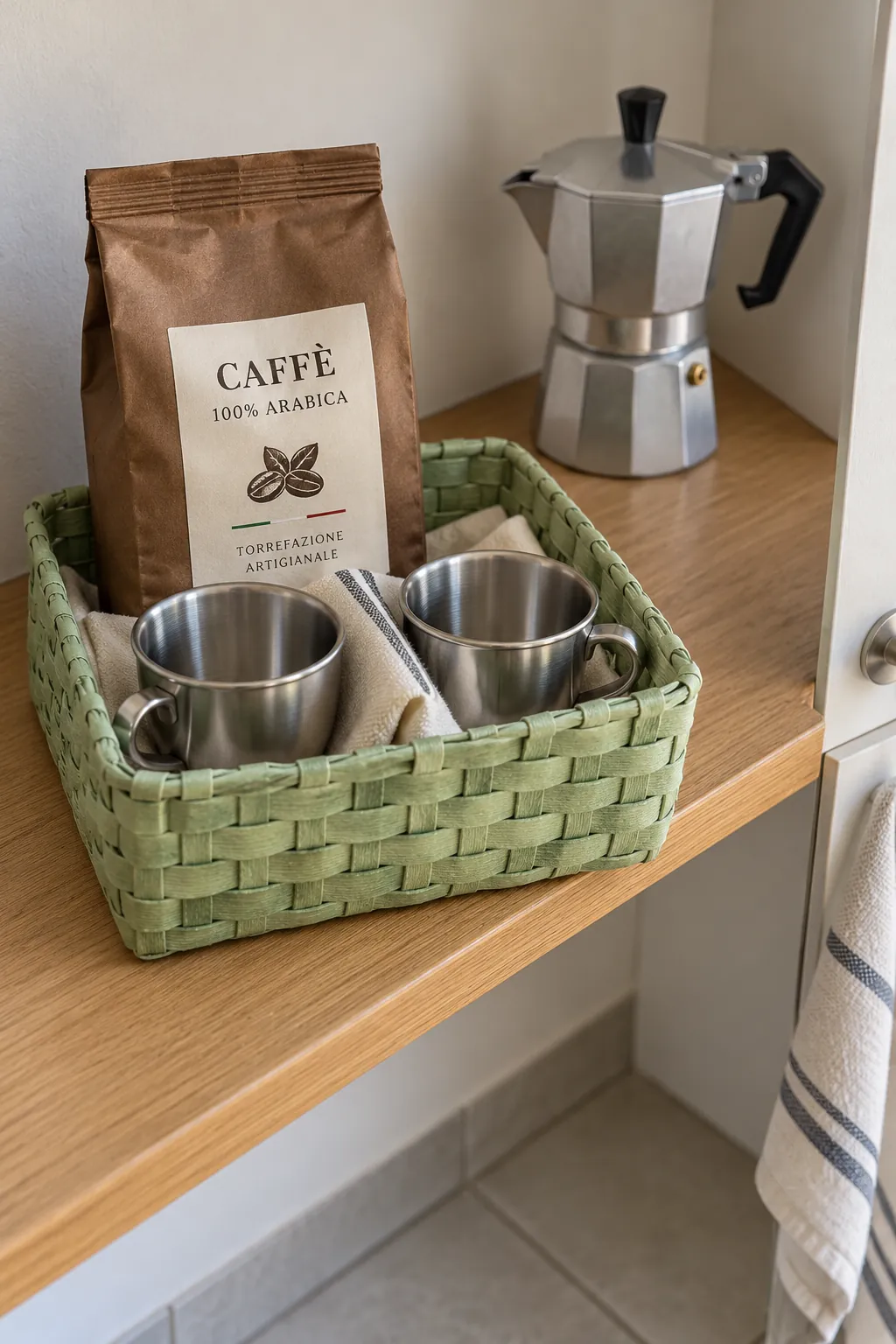 A moka pot companion basket with packaged coffee and useful accessories