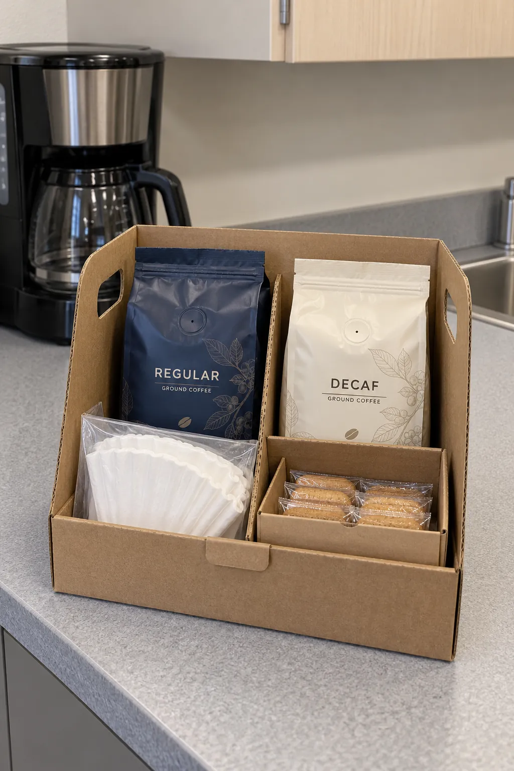 An office coffee refill basket with packaged coffee and useful accessories