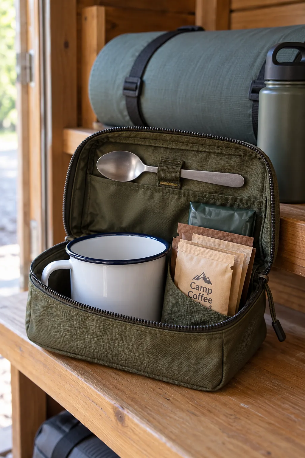 A camping coffee basket with packaged coffee and useful accessories
