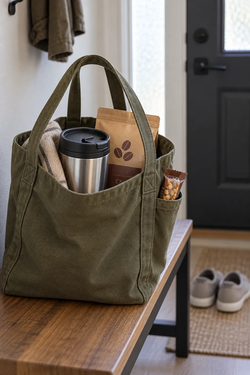 A commuter’s coffee carry basket with packaged coffee and useful accessories