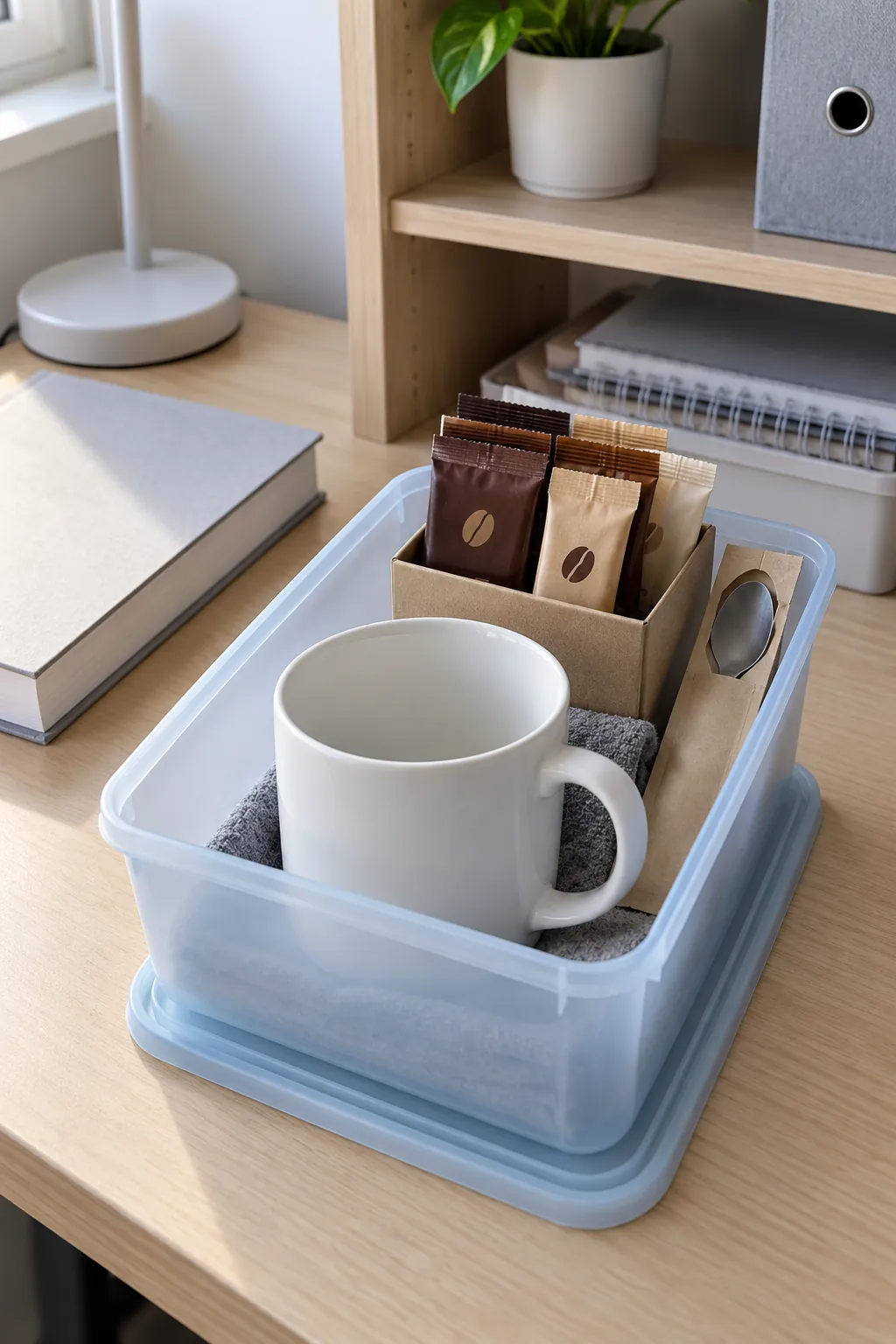 A dorm room coffee basket with packaged coffee and useful accessories
