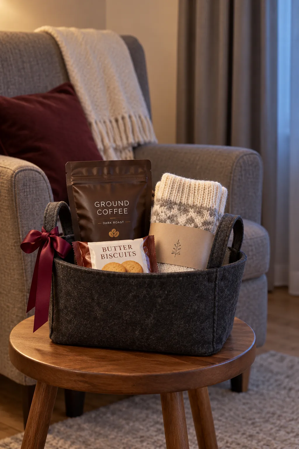 A winter coffee pause basket with packaged coffee and useful accessories