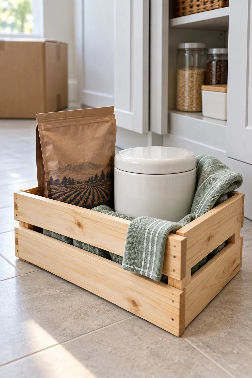 A first kitchen coffee basket with packaged coffee and useful accessories