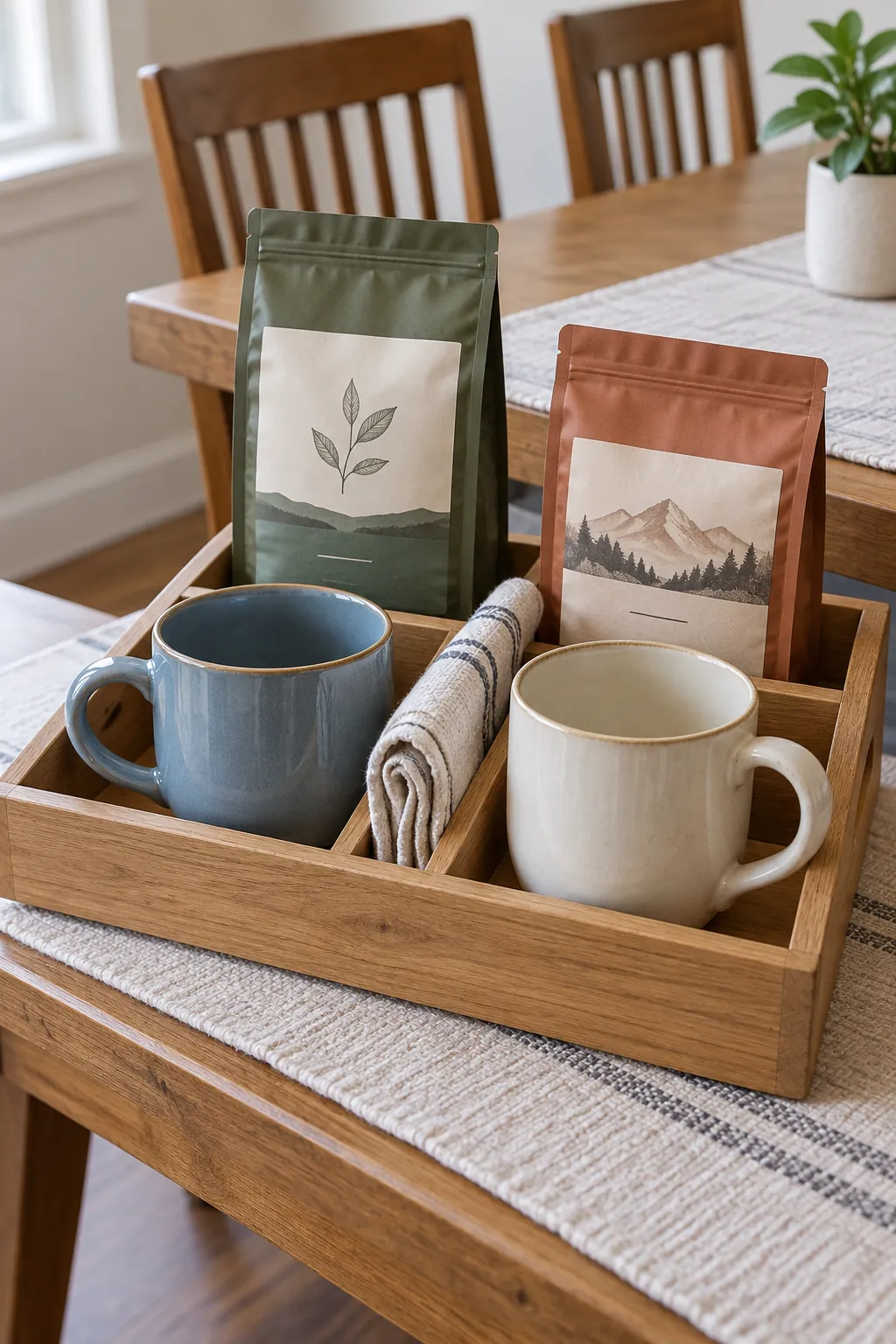 A coffee basket for two different routines with packaged coffee and useful accessories