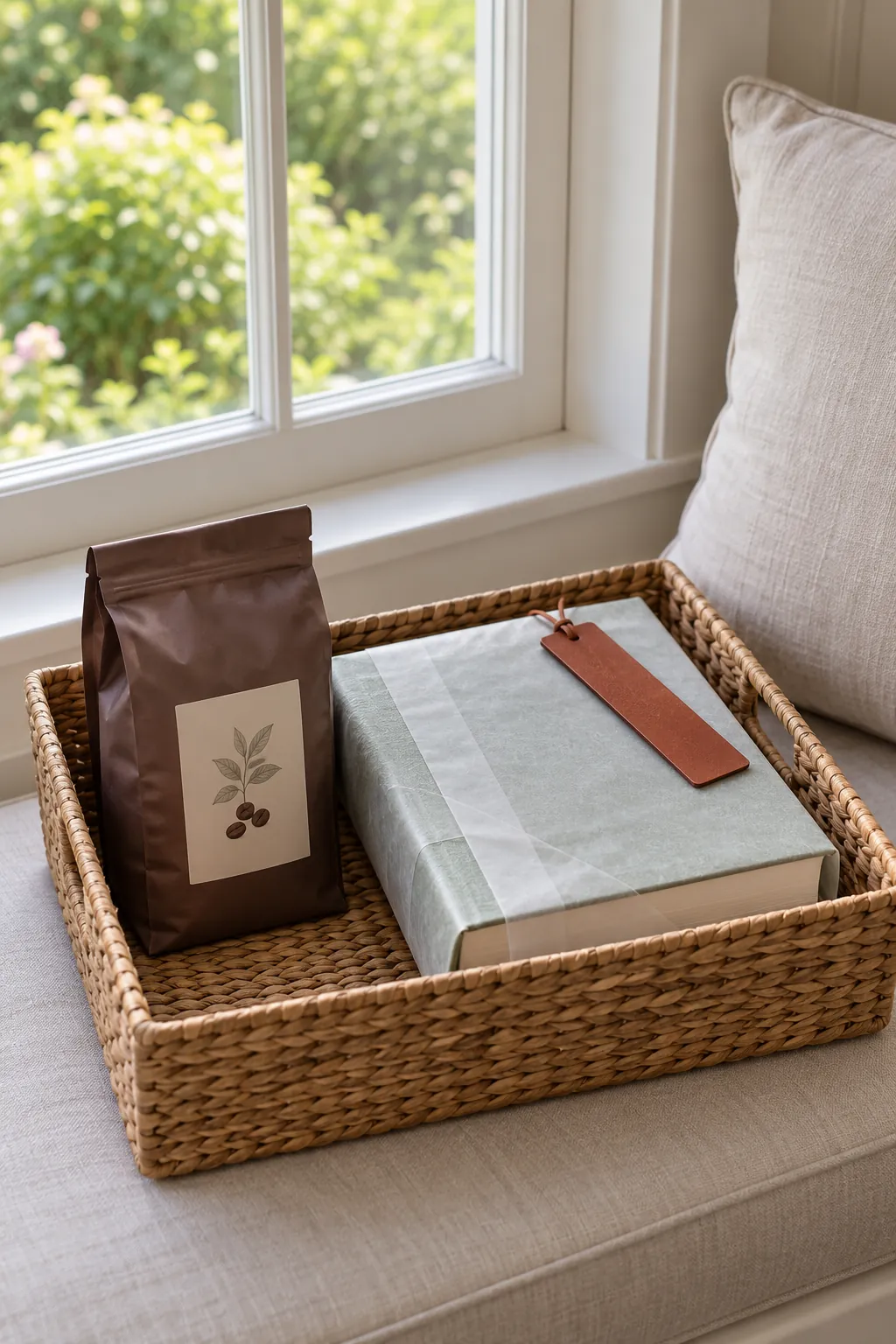 A reading break coffee basket with packaged coffee and useful accessories