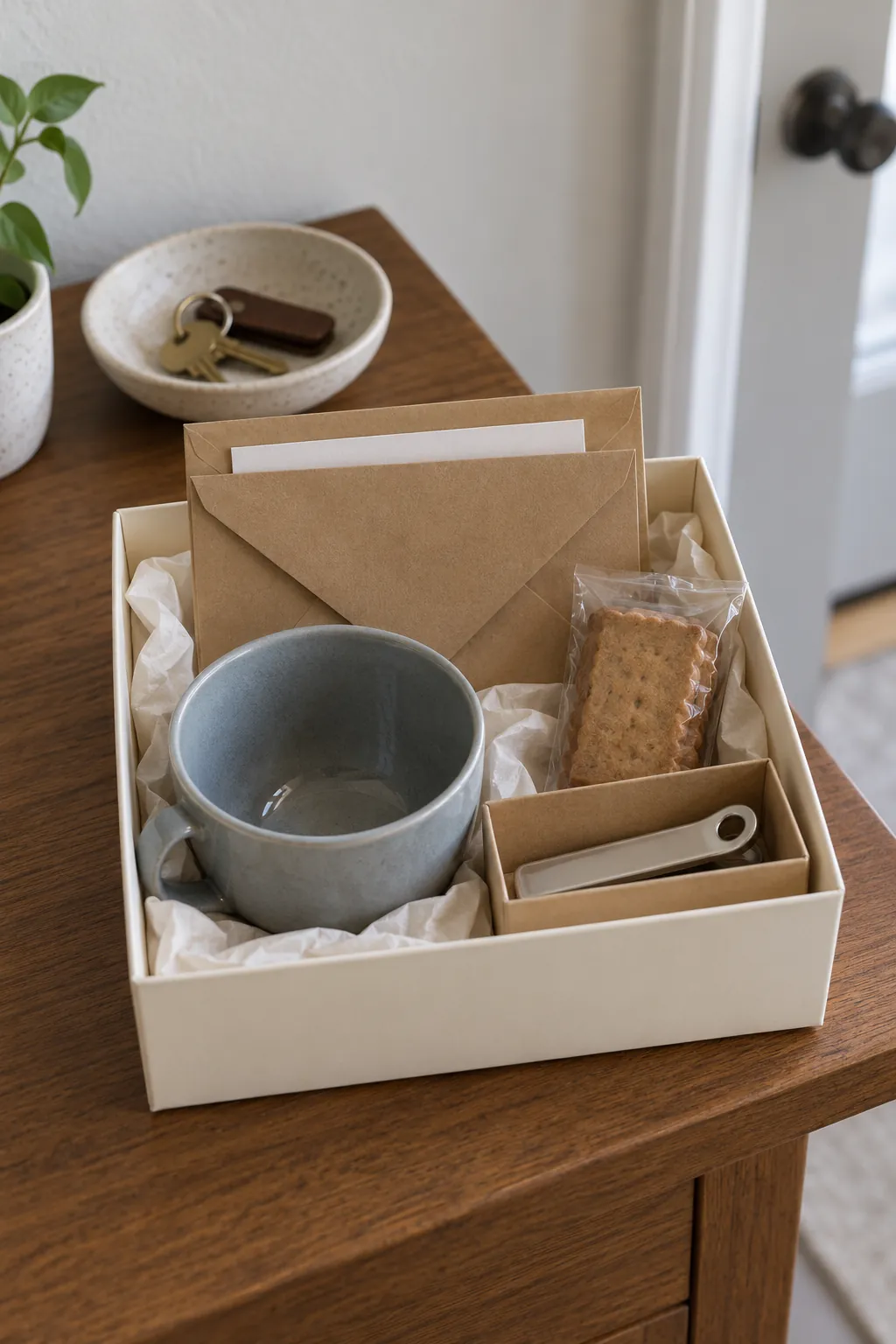 A roaster gift card with a small basket with packaged coffee and useful accessories