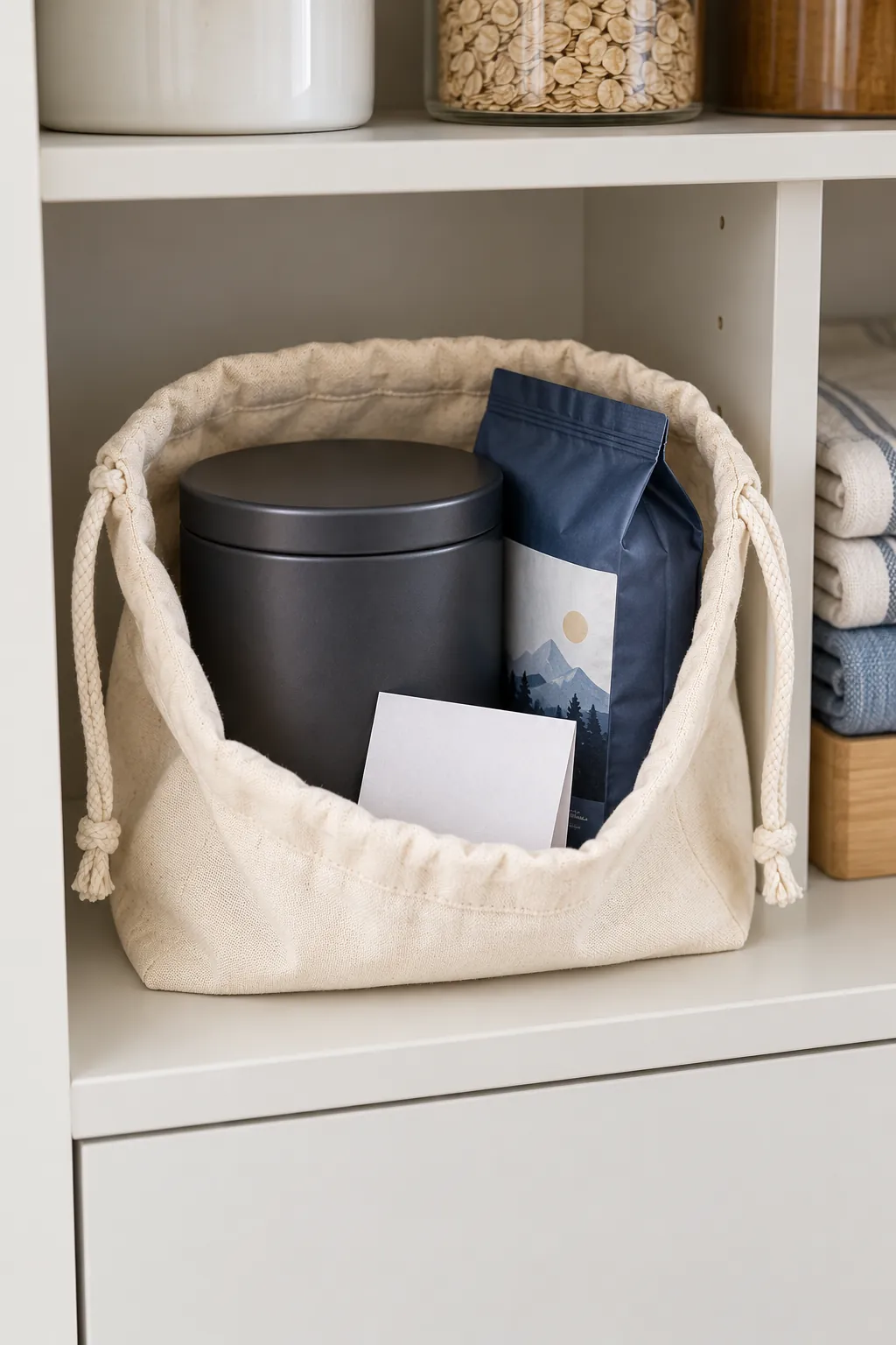 A refill basket with useful storage with packaged coffee and useful accessories