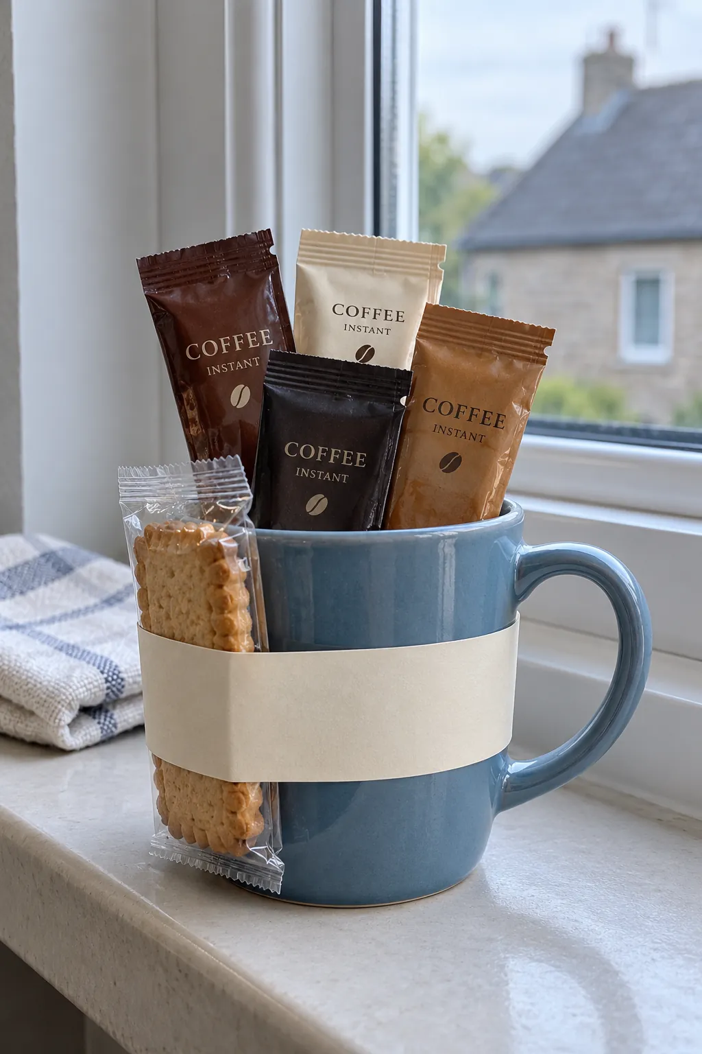A filled coffee mug on a small budget with packaged coffee and useful accessories