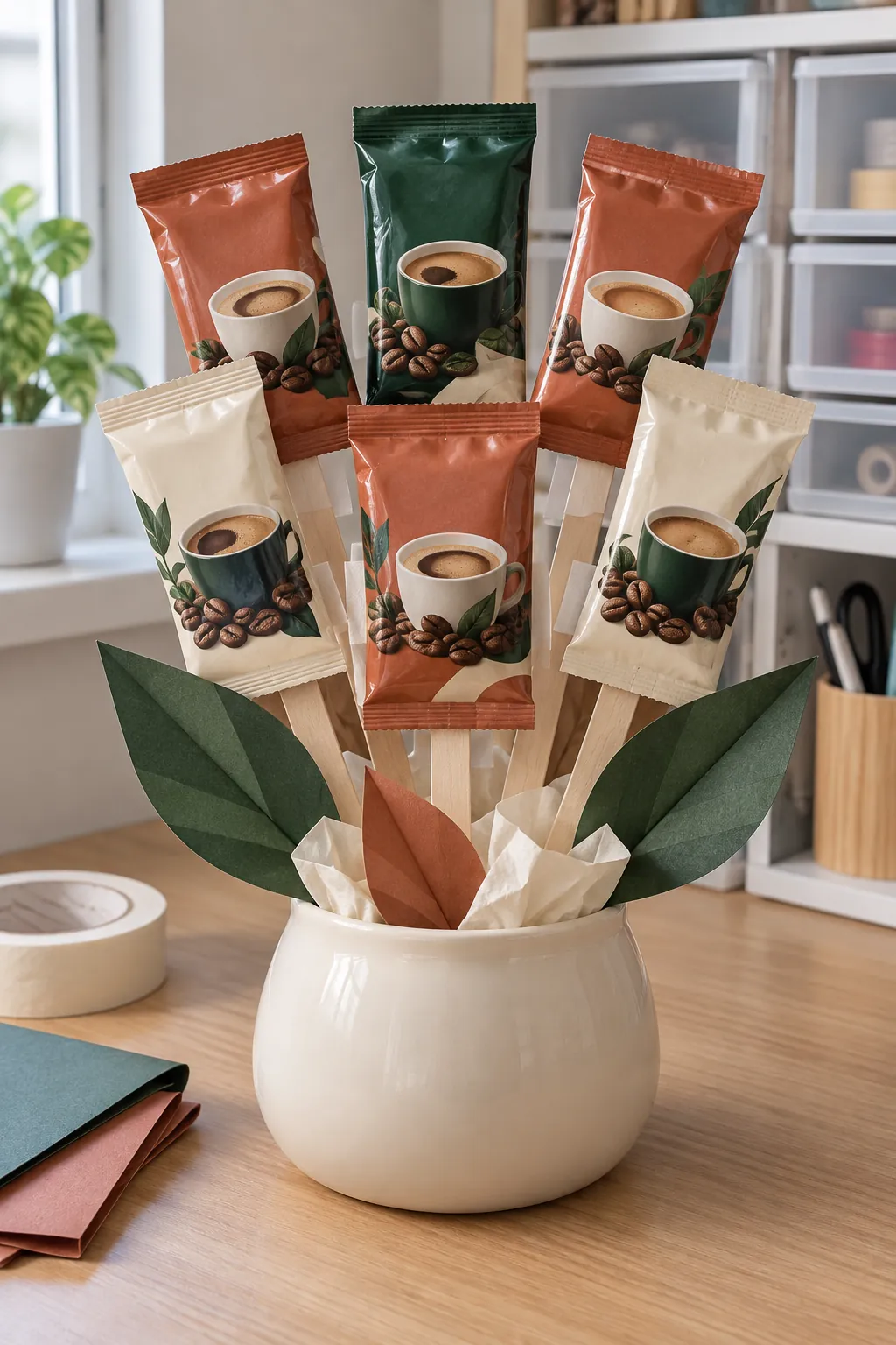 A bouquet of sealed coffee sachets with packaged coffee and useful accessories