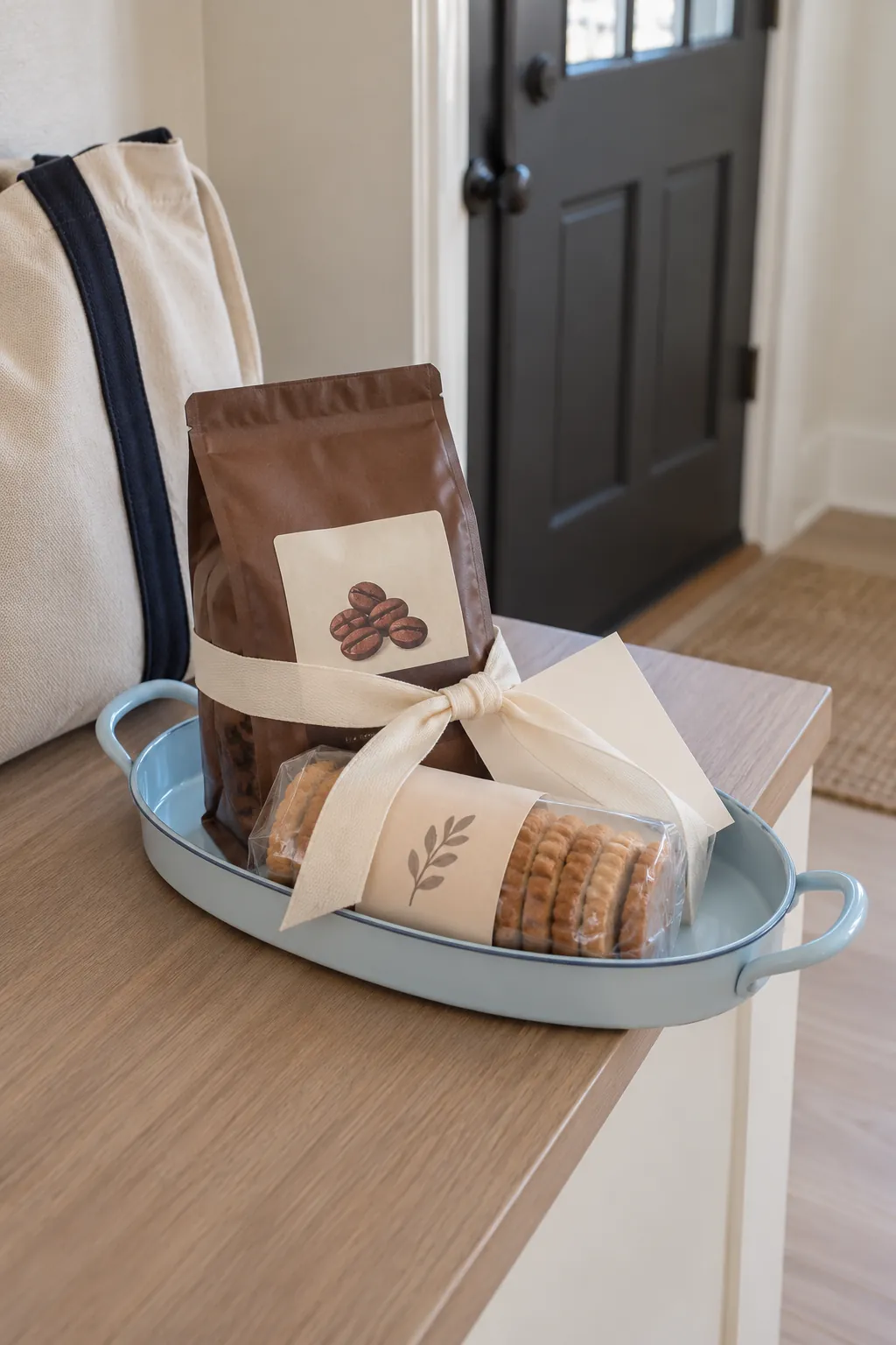 A coffee tray for a host with packaged coffee and useful accessories