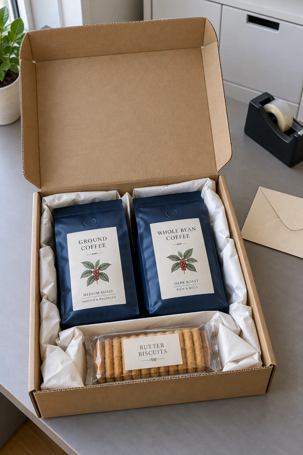 A coffee basket translated into a mailing box with packaged coffee and useful accessories