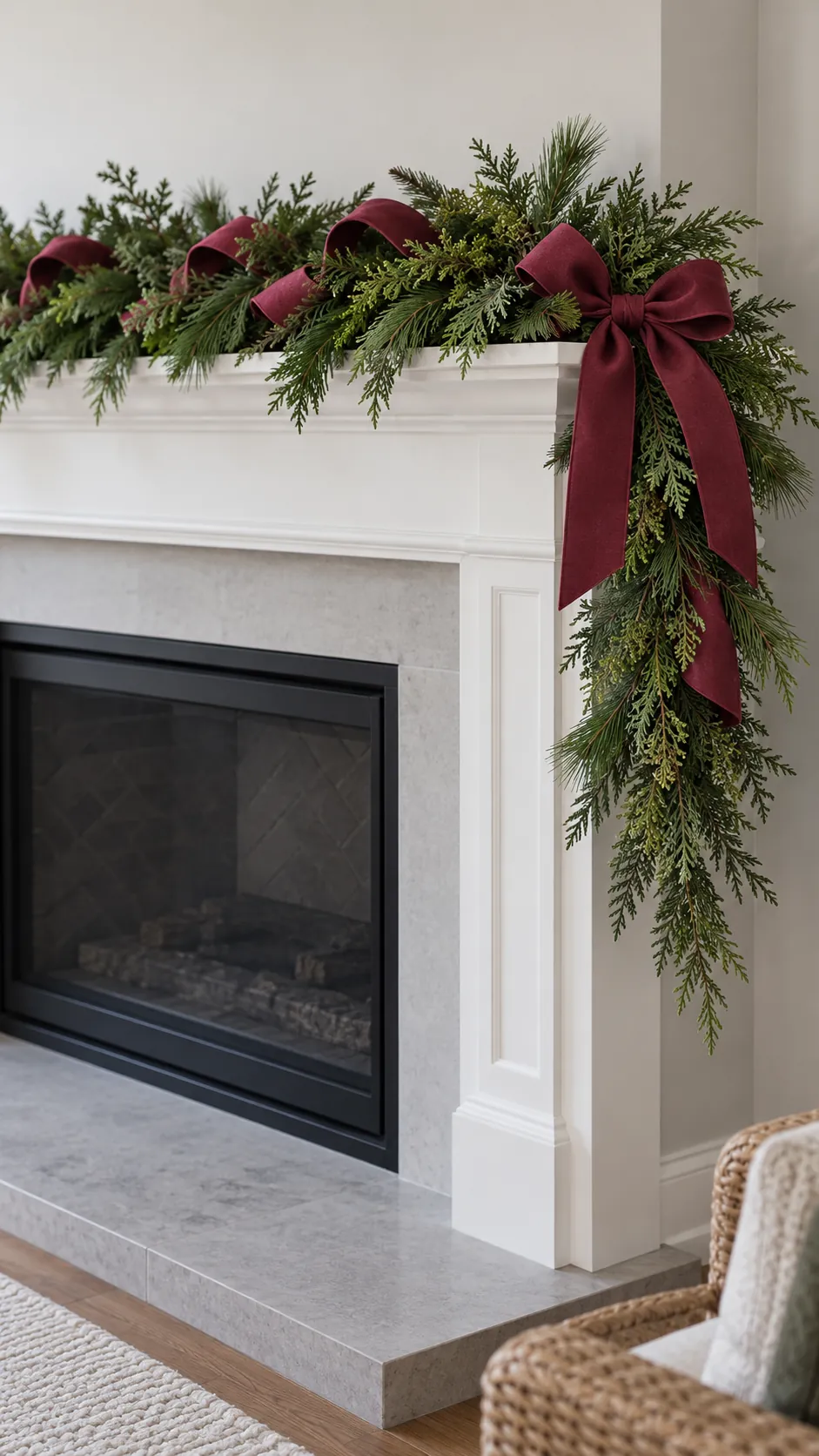 Ribbon loops and a bow on evergreen mantel garland